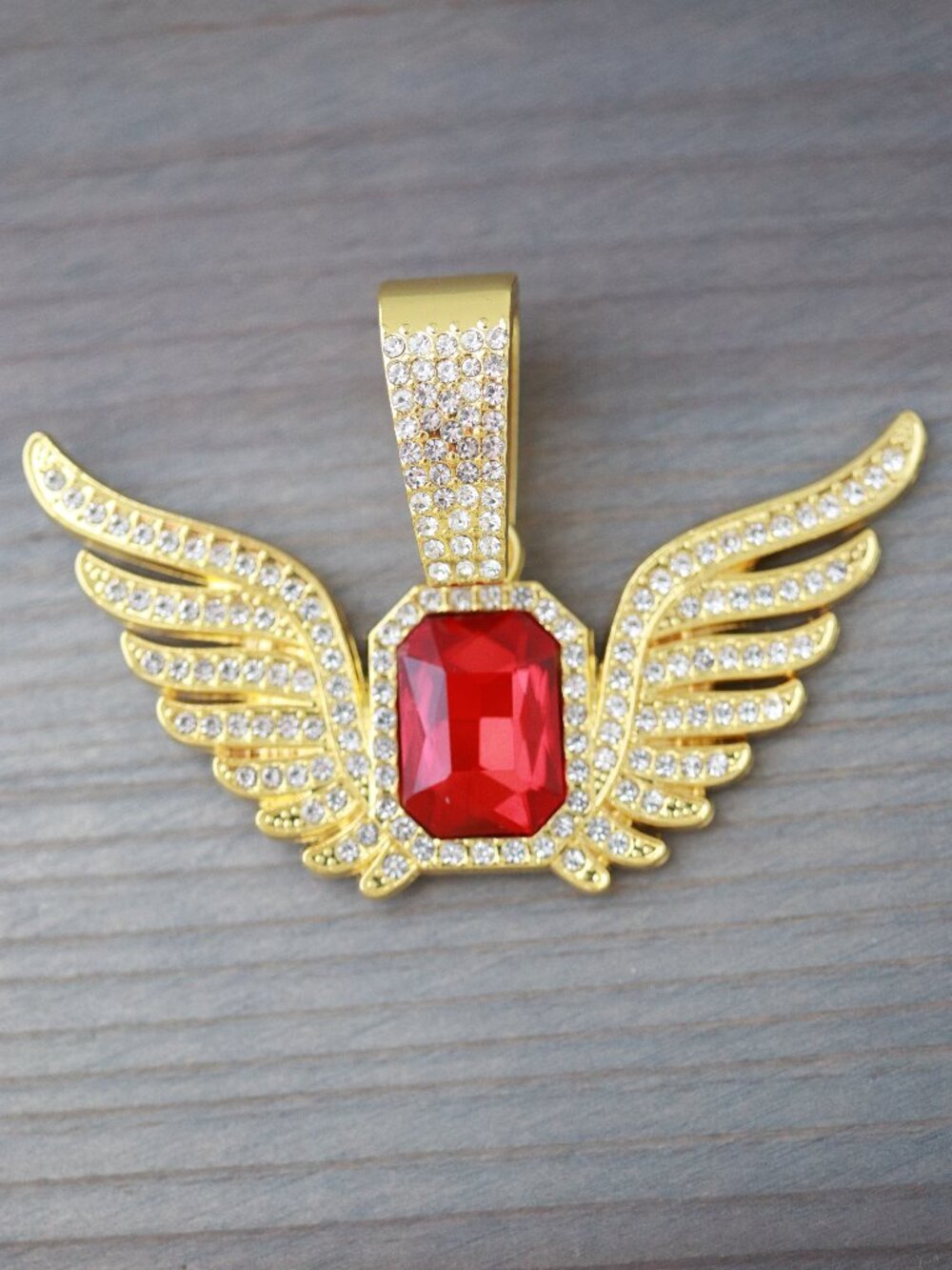 Wings Ice Style with Red Rhinestones Pendant 18k Gold Plated